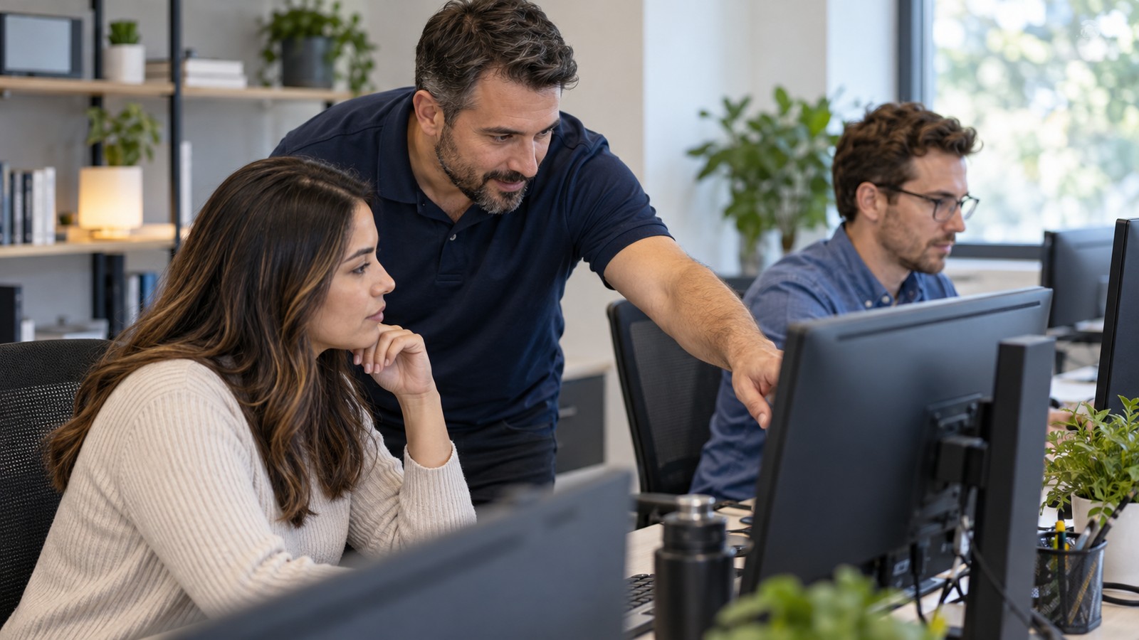 IT technician assisting back-office employees at their workstations