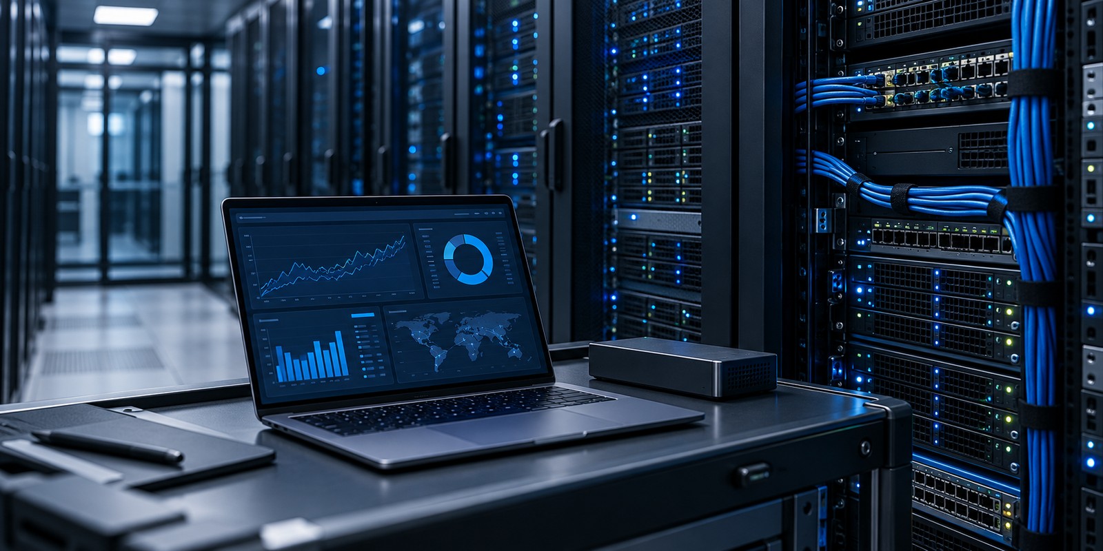Organized server infrastructure and a laptop displaying monitoring information