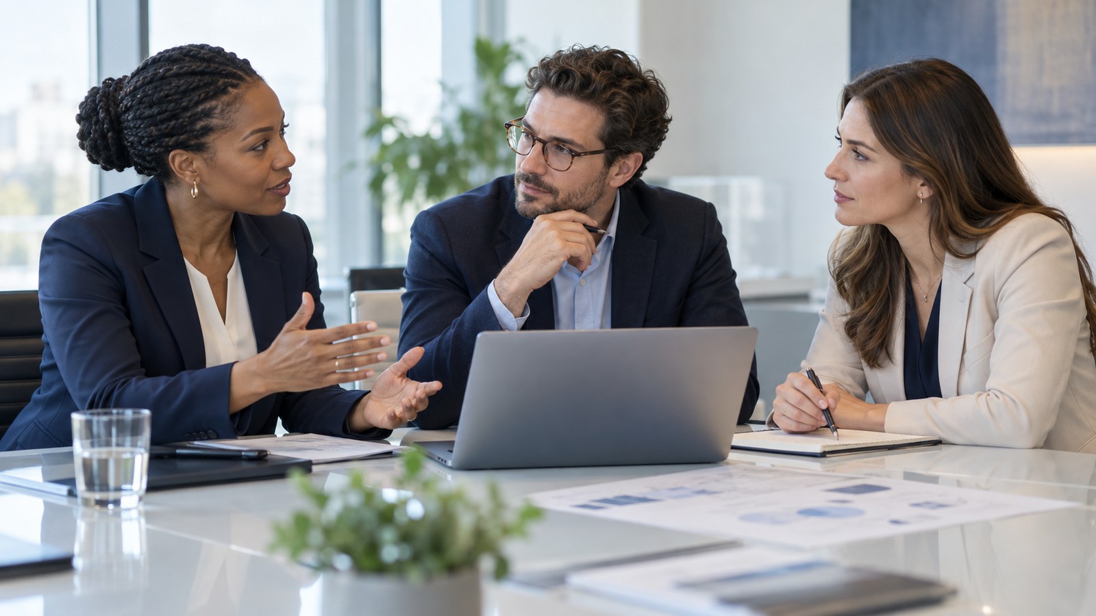 Business professionals discussing technical plans around a conference table