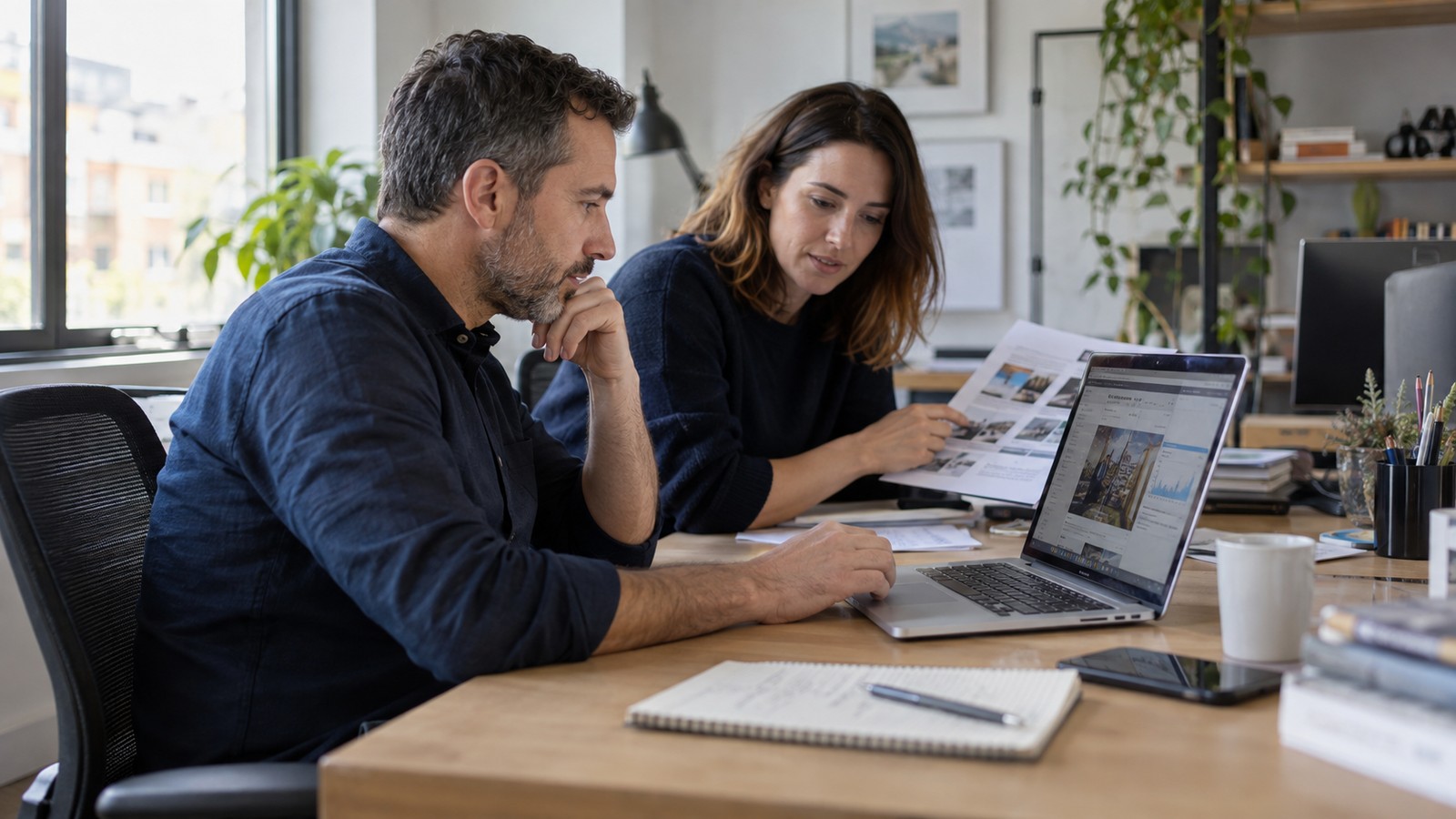 Web consultant and colleague reviewing a business website and search analytics